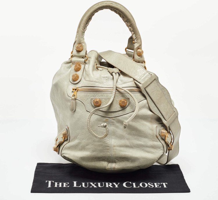 Balenciaga Light Grey Leather Ggh Pompon Hobo