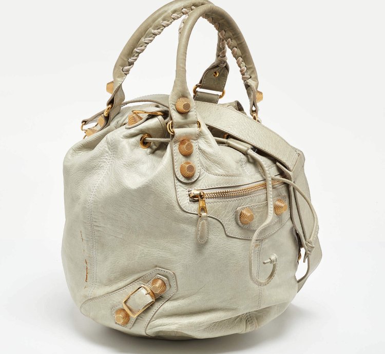 Balenciaga Light Grey Leather Ggh Pompon Hobo