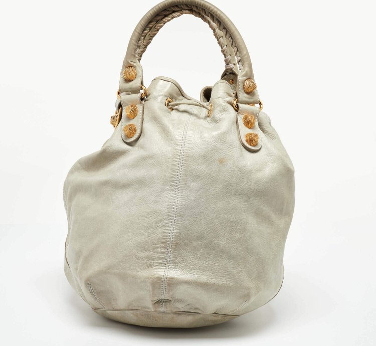 Balenciaga Light Grey Leather Ggh Pompon Hobo