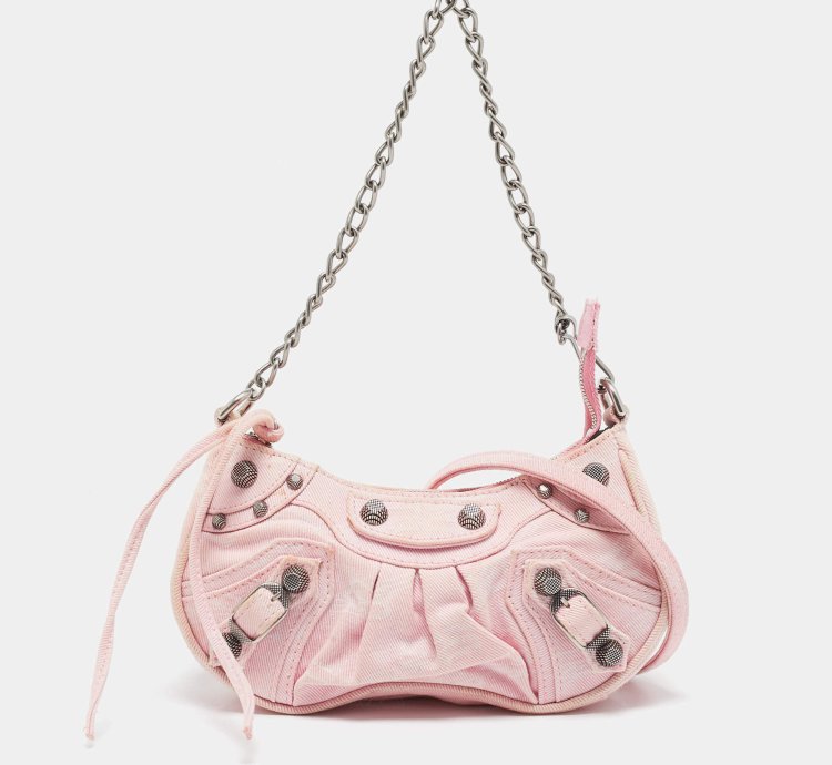Balenciaga Light Pink Bb Monogram Denim Mini Le Cagole Shoulder Bag