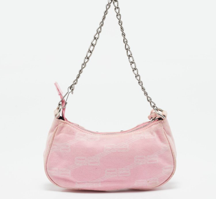 Balenciaga Light Pink Bb Monogram Denim Mini Le Cagole Shoulder Bag