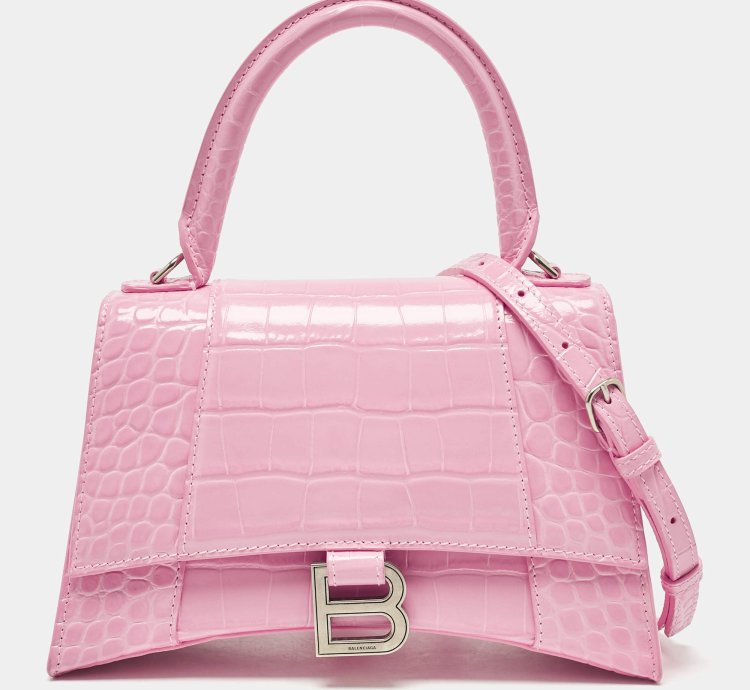 Balenciaga Pink Croc Embossed Leather Small Hourglass Top Handle Bag