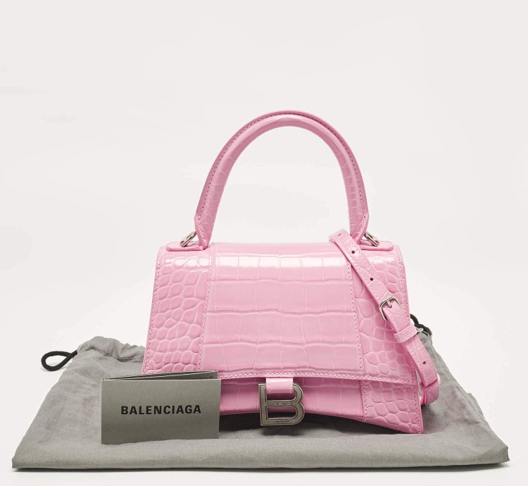 Balenciaga Pink Croc Embossed Leather Small Hourglass Top Handle Bag