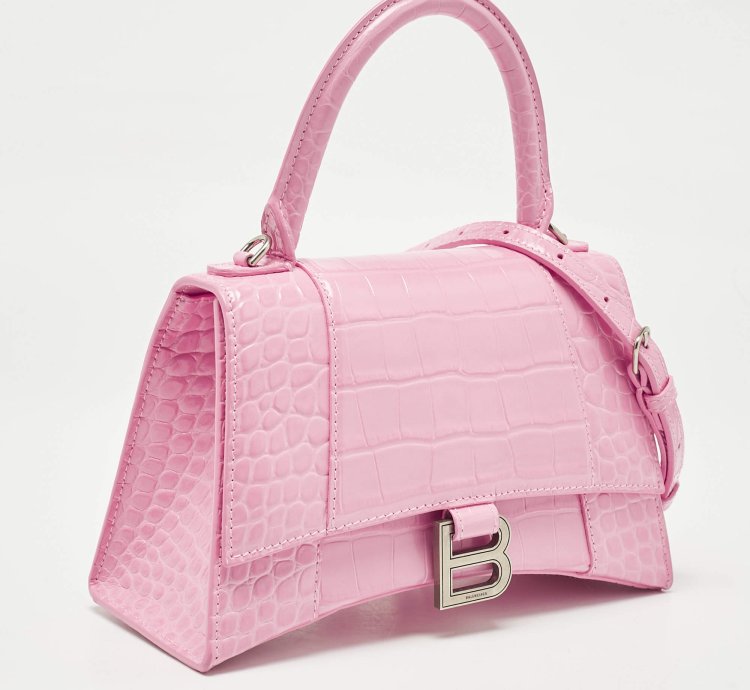 Balenciaga Pink Croc Embossed Leather Small Hourglass Top Handle Bag