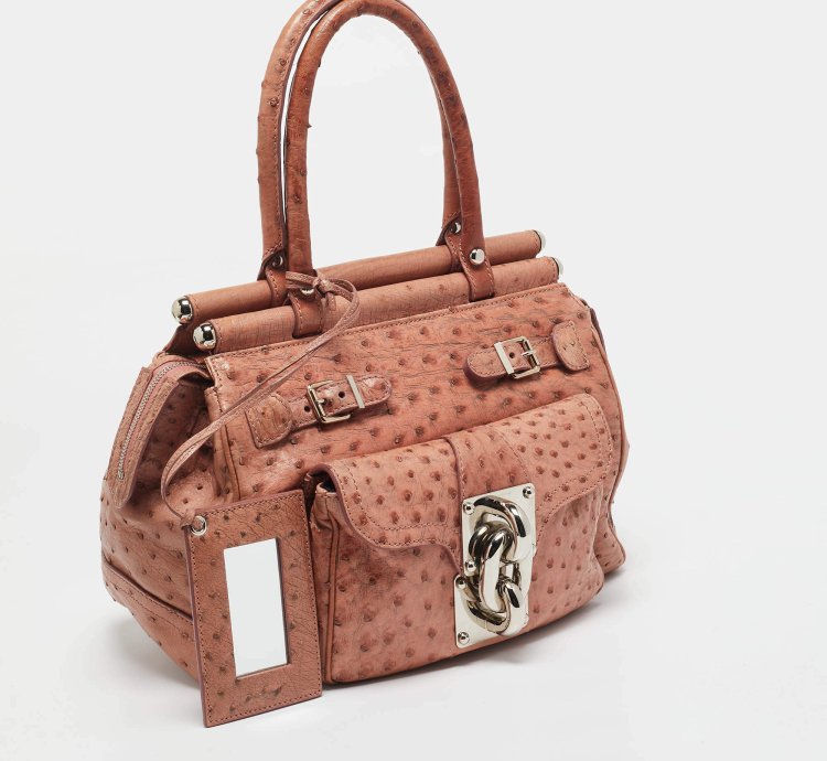 Balenciaga Pink Ostrich Chain Link Pocket Satchel