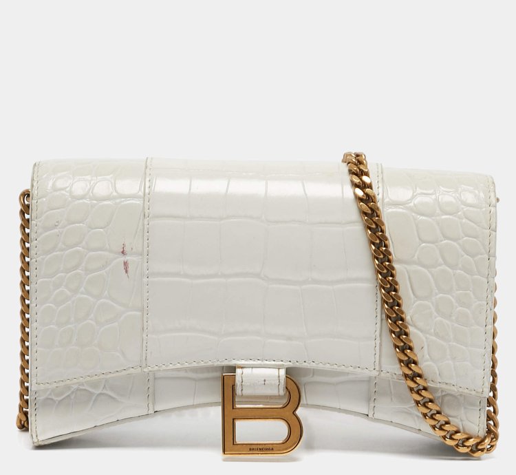 Balenciaga White Croc Embossed Leather Hourglass Wallet On Chain
