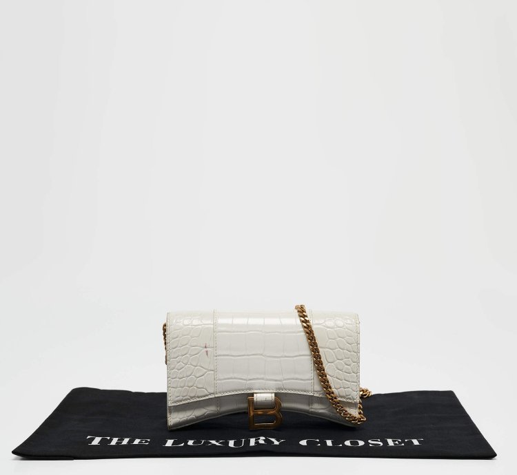 Balenciaga White Croc Embossed Leather Hourglass Wallet On Chain