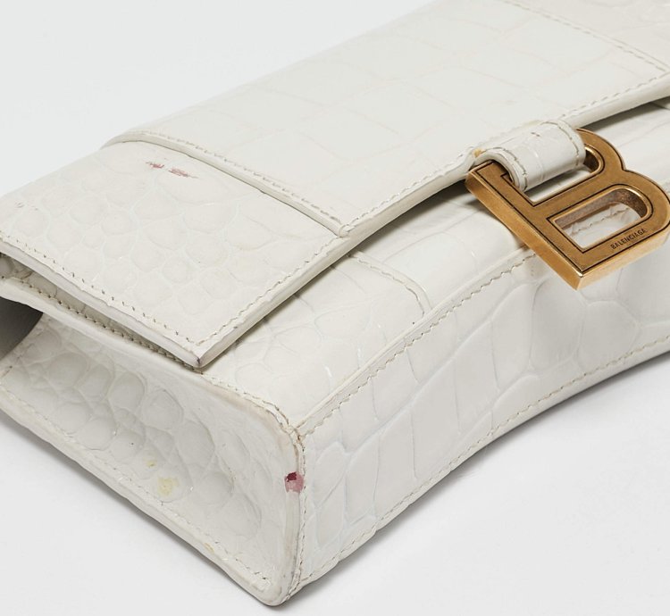 Balenciaga White Croc Embossed Leather Hourglass Wallet On Chain