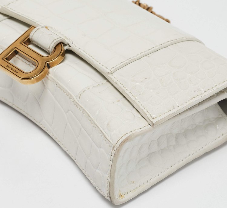 Balenciaga White Croc Embossed Leather Hourglass Wallet On Chain