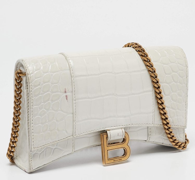 Balenciaga White Croc Embossed Leather Hourglass Wallet On Chain