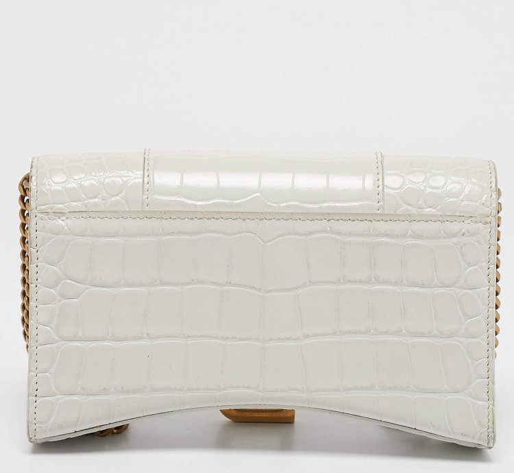 Balenciaga White Croc Embossed Leather Hourglass Wallet On Chain