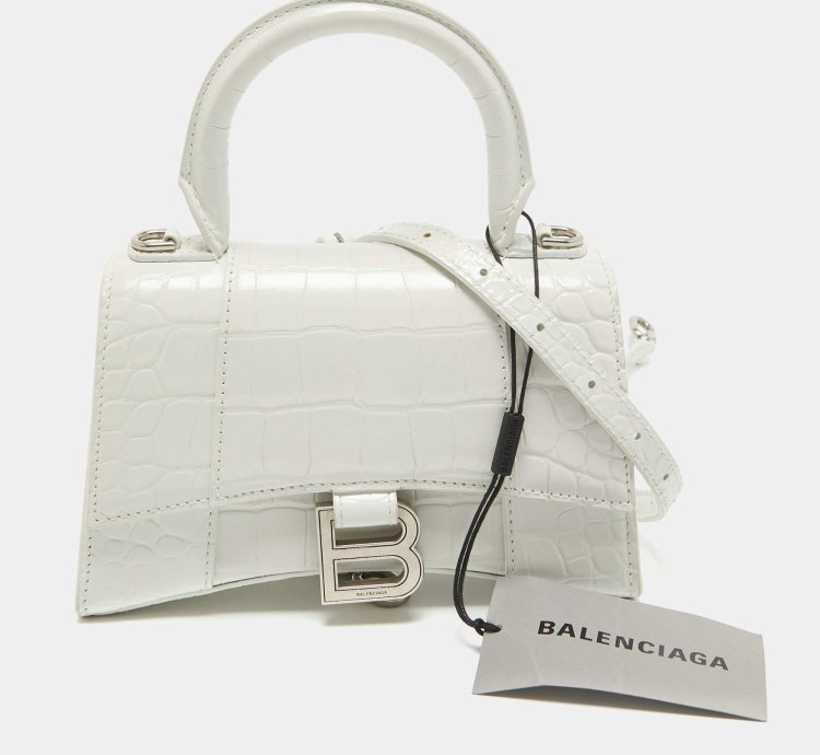 Balenciaga White Croc Embossed Leather Xs Hourglass Top Handle Bag