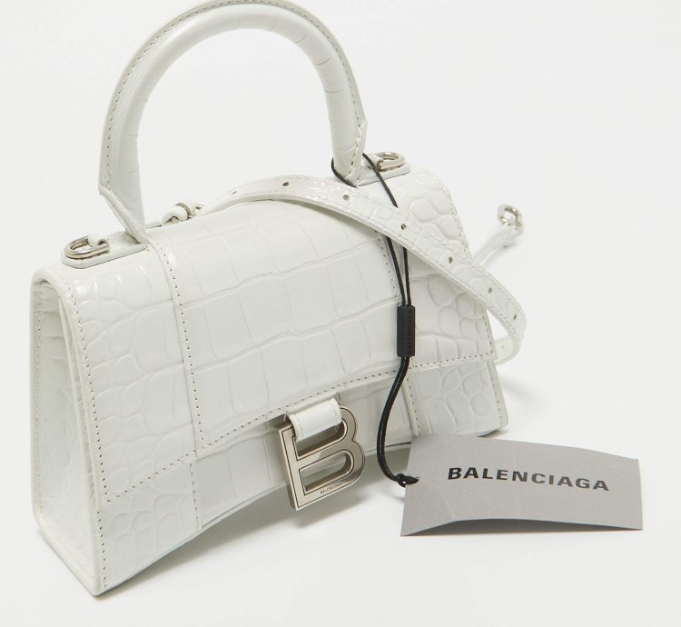 Balenciaga White Croc Embossed Leather Xs Hourglass Top Handle Bag