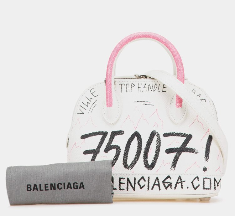 Balenciaga White Xxs Grained Calfskin Graffiti Ville Top Handle Bag