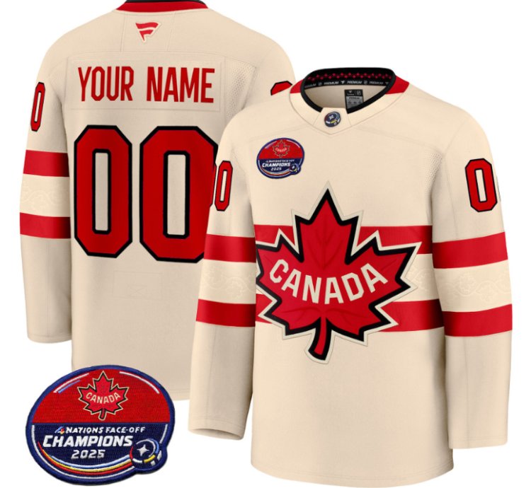 Mens Custom Canada Jersey 4 Nations Face-off 2025 Champions V2 Stitched Cream