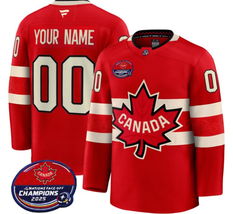 Mens Custom Canada Jersey 4 Nations Face-off 2025 Champions V2 Stitched Red