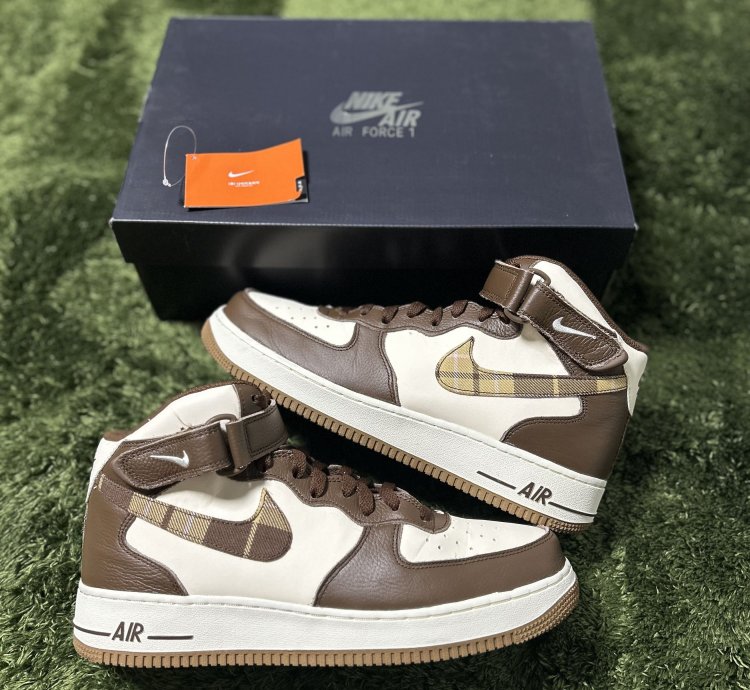 Us 11 Nike Air Force 1 Mid Cacao Brown Plaid Swoosh
