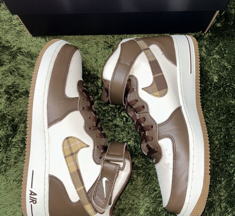 Us 11 Nike Air Force 1 Mid Cacao Brown Plaid Swoosh
