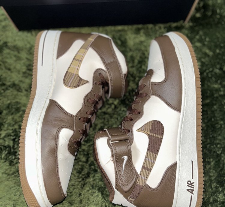 Us 11 Nike Air Force 1 Mid Cacao Brown Plaid Swoosh