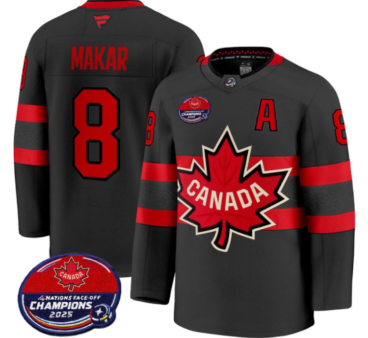 Men Cale Makar Jersey 8 Canada 4 Nations Face-off 2025 Champions V2 Black