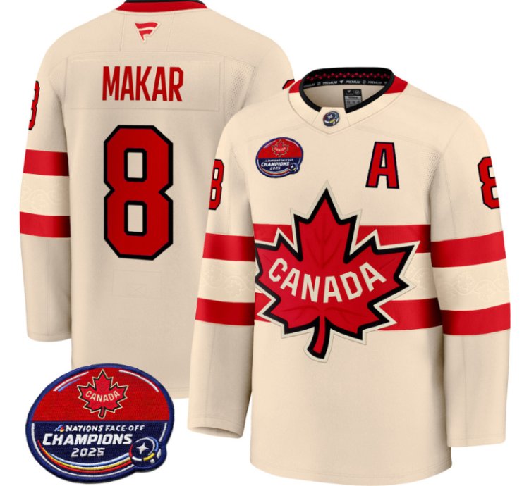 Men Cale Makar Jersey 8 Canada 4 Nations Face-off 2025 Champions V2 Cream