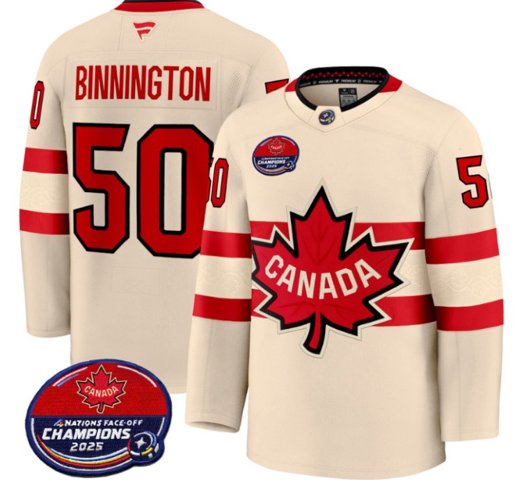 Men Jordan Binnington Jersey 50 Canada 4 Nations 2025 Champions V2 Cream
