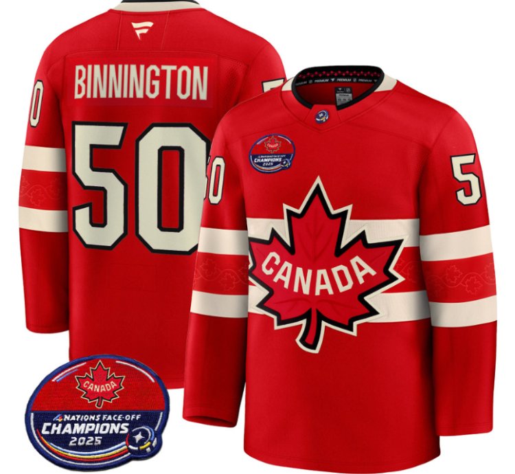 Men Jordan Binnington Jersey 50 Canada 4 Nations Face-off 2025 Champions V2 Red