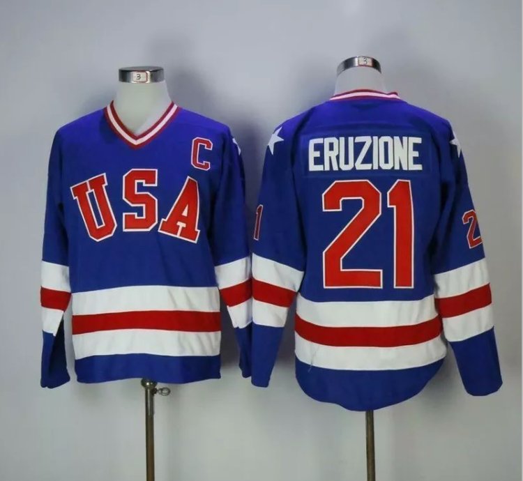 Mens Mike Eruzione Jersey 21 1980 Miracle On Ice Blue All Stitched