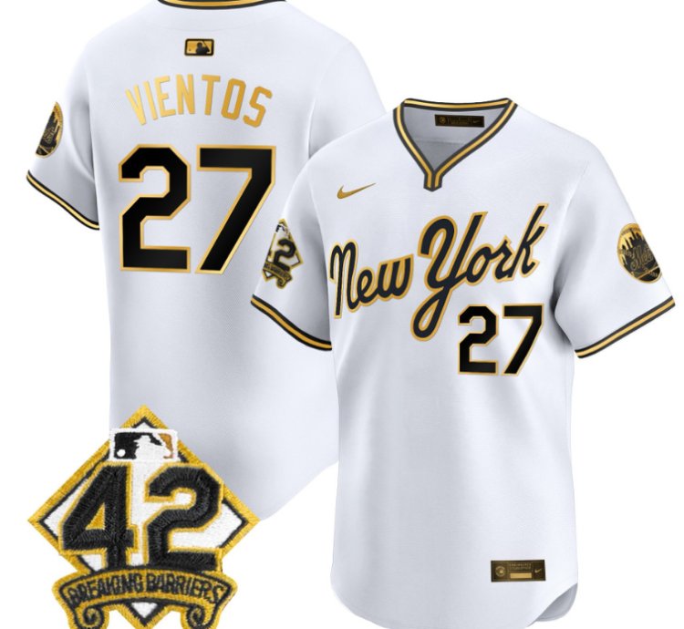 Mark Vientos Jersey 27 New York Mets 2025 Jackie Robinson Patch Road Alternate Stitched White Gold
