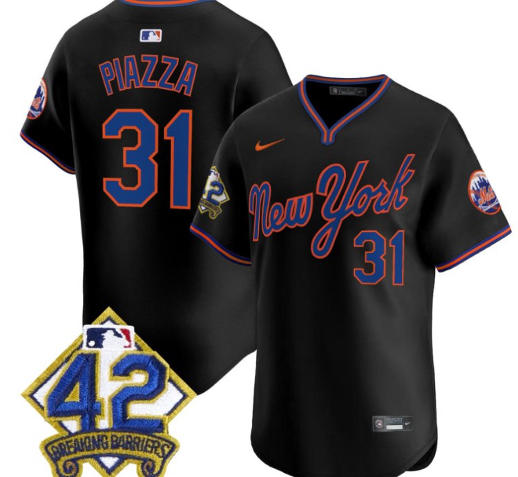 Mike Piazza Jersey 31 New York Mets 2025 Jackie Robinson Patch Road Alternate Stitched Black