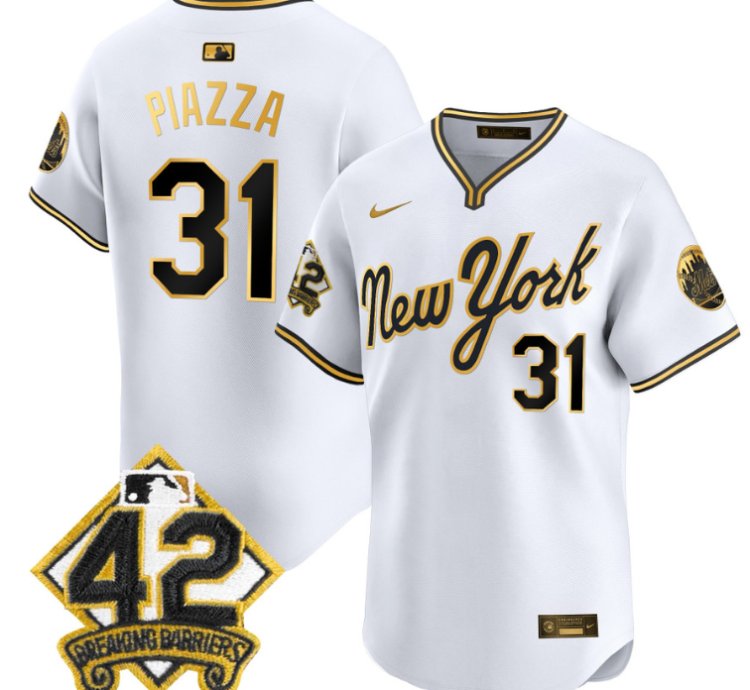 Mike Piazza Jersey 31 New York Mets 2025 Jackie Robinson Patch Road Alternate Stitched White Gold