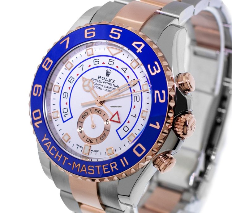 Rolex Yacht-master Ii 44mm 18k Rose Gold Steel White Dial Blue Bezel 116681