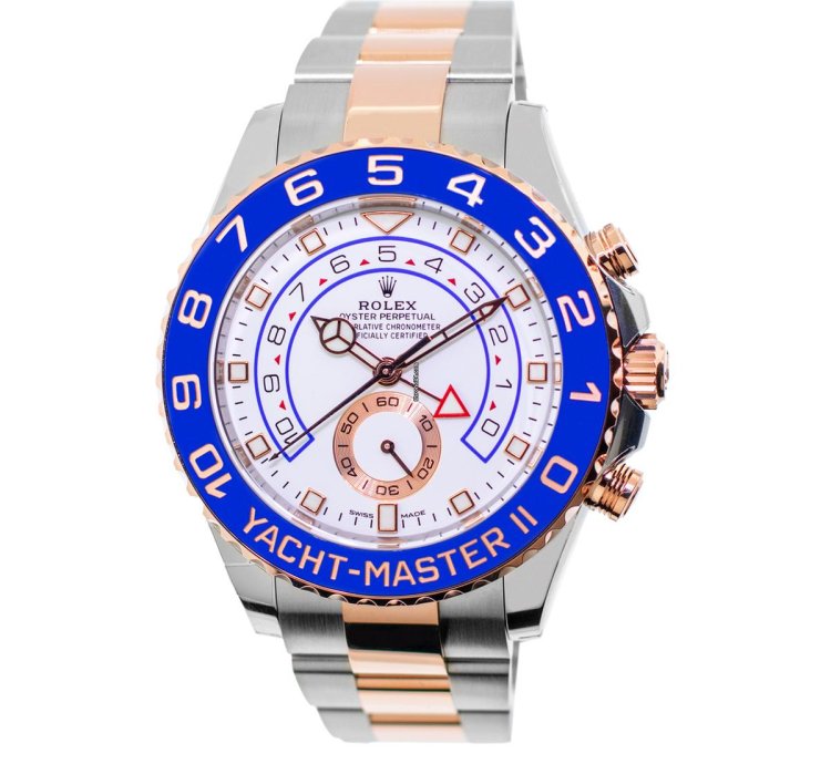 Rolex Yacht-master Ii 44mm 18k Rose Gold Steel White Dial Blue Bezel 116681
