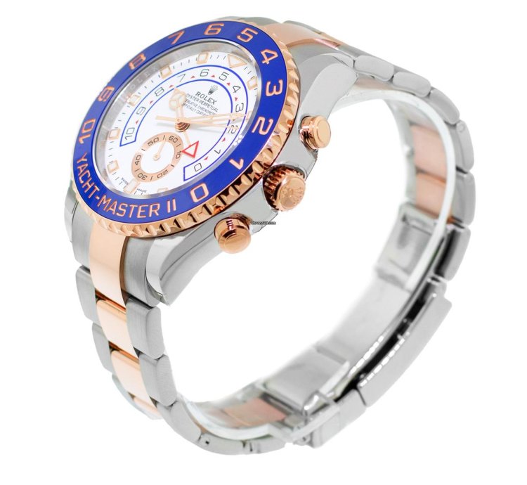 Rolex Yacht-master Ii 44mm 18k Rose Gold Steel White Dial Blue Bezel 116681