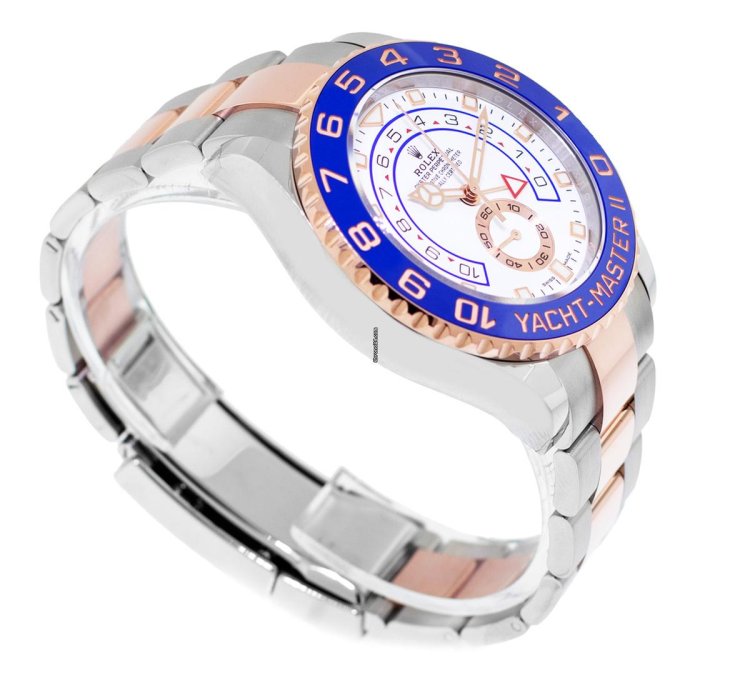 Rolex Yacht-master Ii 44mm 18k Rose Gold Steel White Dial Blue Bezel 116681