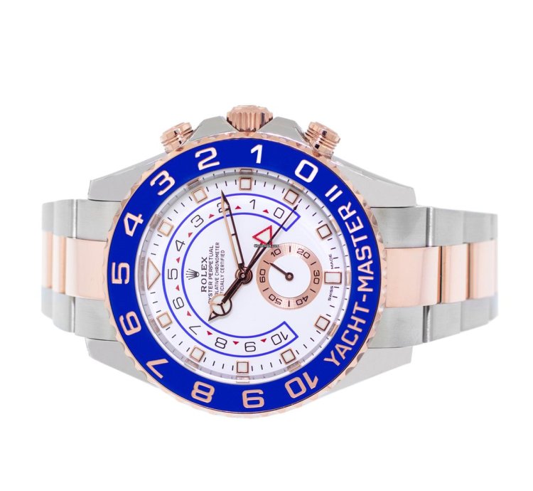 Rolex Yacht-master Ii 44mm 18k Rose Gold Steel White Dial Blue Bezel 116681