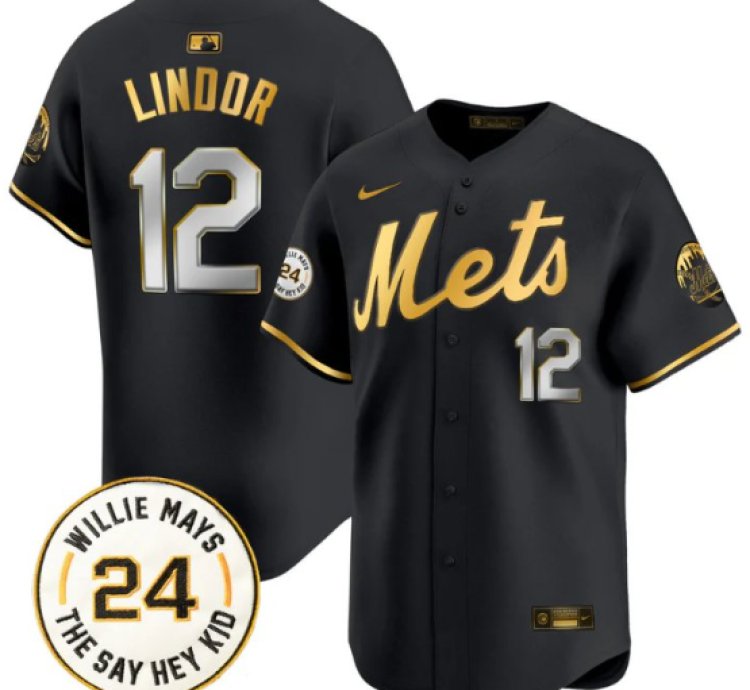 Francisco Lindor Jersey 12 Mets Willie Mays Patch Vapor Premier Limited Stitched Black Gold