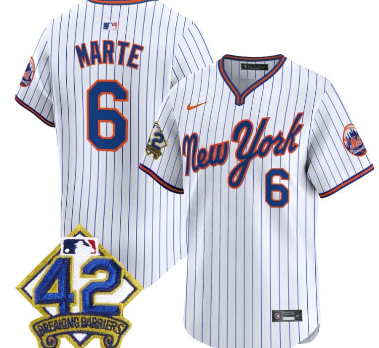 Starling Marte Jersey 6 New York Mets 2025 Jackie Robinson Patch Road Alternate Stitched Pinstripe