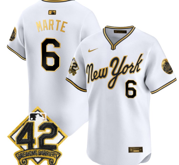 Starling Marte Jersey 6 New York Mets 2025 Jackie Robinson Patch Road Alternate Stitched White Gold