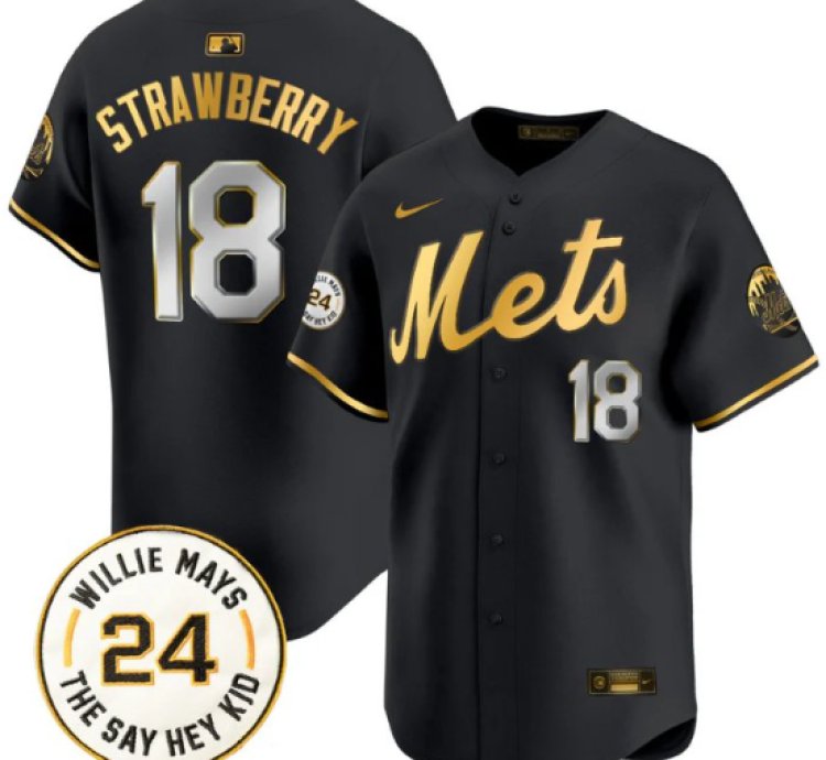 Darryl Strawberry Jersey 18 Mets Willie Mays Patch Vapor Premier Limited Stitched Black Gold