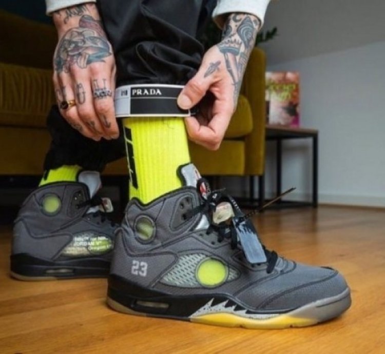 Off Whiite X Nike Air Jordan 5 Black Muslin Preschool Basketball Sneakers Semi Ua
