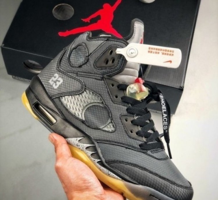 Off Whiite X Nike Air Jordan 5 Black Muslin Preschool Basketball Sneakers Semi Ua