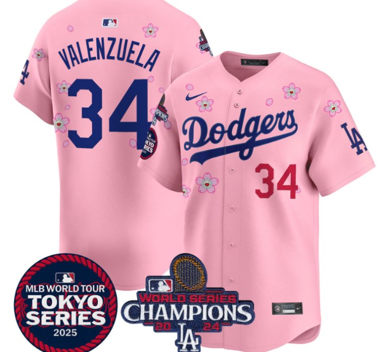 Fernando Valenzuela Jersey 34 Dodgers Tokyo Series 2025 World Series Champions Patch Cherry Blossom