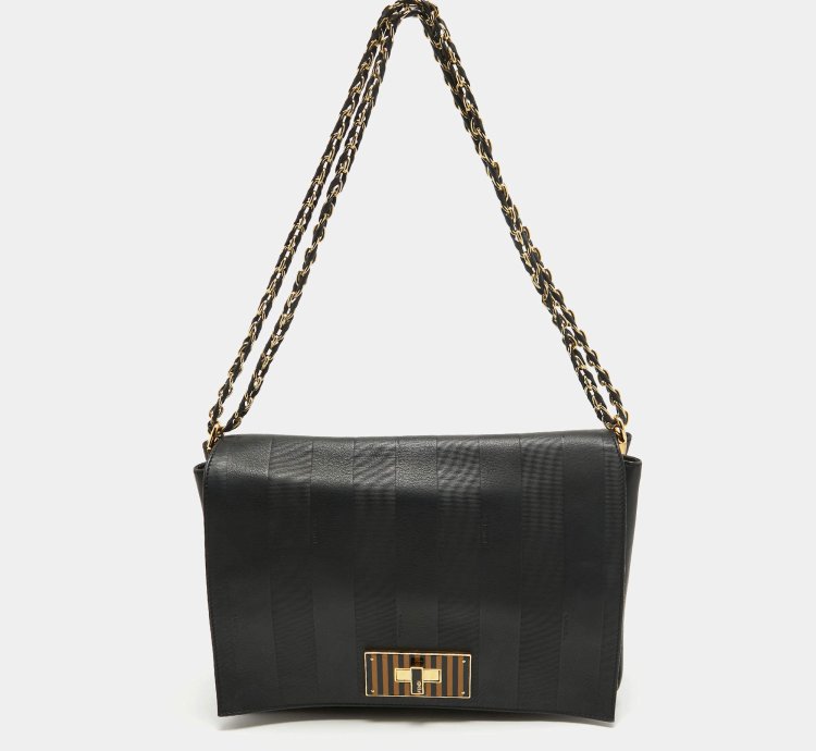 Fendi Black Stripe Embossed Leather Large Claudia Shoulder Bag
