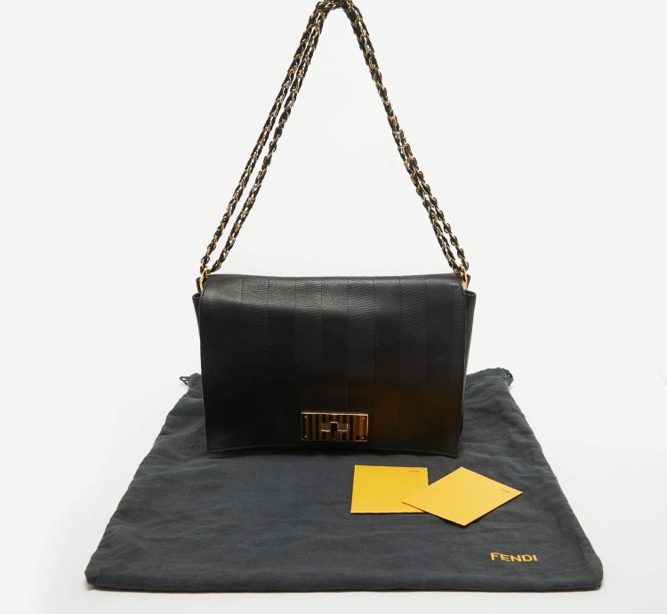 Fendi Black Stripe Embossed Leather Large Claudia Shoulder Bag