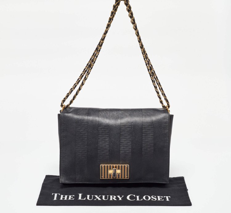 Fendi Black Stripe Embossed Leather Large Claudia Shoulder Bag