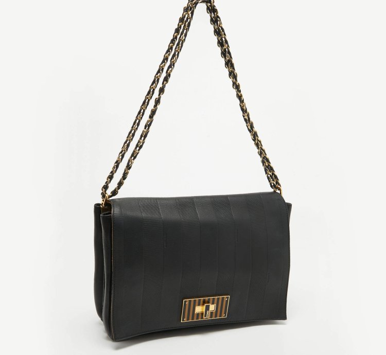Fendi Black Stripe Embossed Leather Large Claudia Shoulder Bag