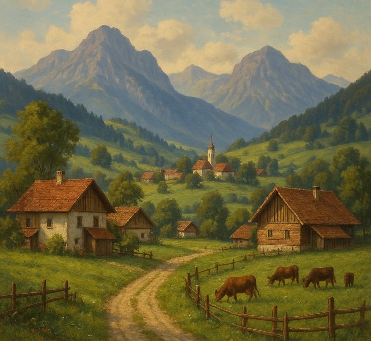 Alpine Countryside Digital Painting Serene Classic Nature Scenery