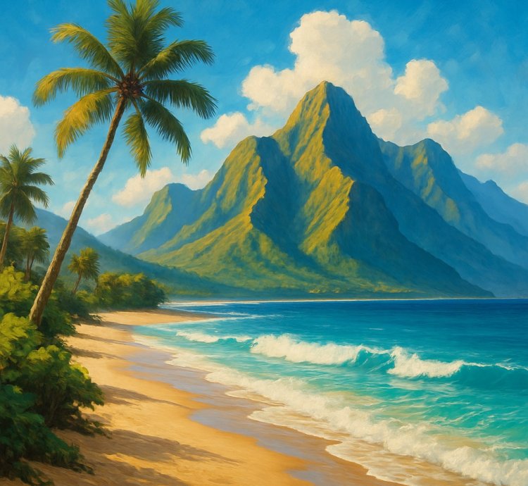 Tropical Beach Mountain Digital Painting Exotic Paradise Scenery