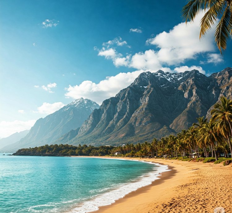 Tropical Coast Meets Snowy Peaks Stunning Digital Landscape Art